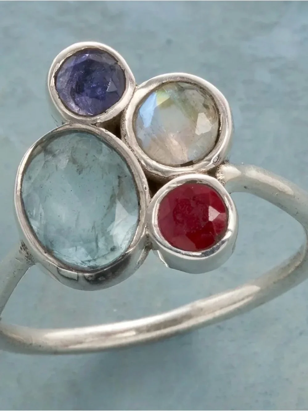 Sterling Silver ring with bezeled iolite, moonstone, ruby and aquamarine. New!